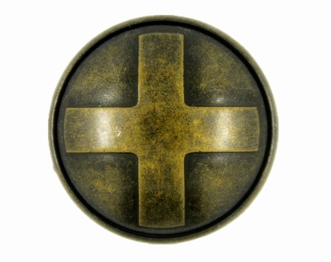 Metal Buttons - Antique Brass Embossed Cross Domed Metal Shank Buttons - 25mm - 1 inch - 6 pcs