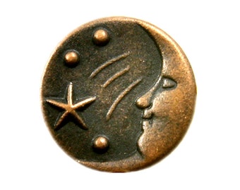 Metal Buttons - Smile Moon and Stars Copper Color Metal Shank Buttons - 11mm - 7/16 inch - 6 pcs