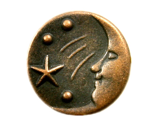 Metal Buttons - Smile Moon and Stars Copper Color Metal Shank Buttons - 11mm - 7/16 inch - 6 pcs