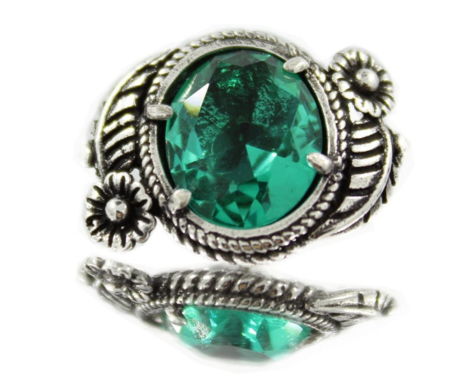 Emerald Green Crystal with Silver Plated Brass Leaf Flower Jewelry Shank Buttons - 23mm - 7/8 inch - 2 pcs