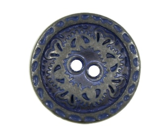 Metal Buttons - Flower Engraving Gunmetal Navy Blue Metal Hole Buttons - 15mm - 5/8 inch - 6 pcs