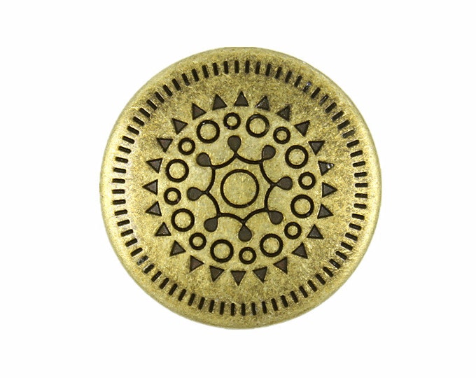 Metal Buttons - Delicate Sun Mandala Pattern Retro Brass Metal Shank Buttons - 18mm - 3/4 inch - 6 pcs