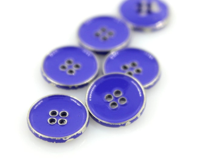 Metal Buttons - Small Silver Metal Hole Buttons in Purple Blue Color  - 10mm - 3/8 inch - 6 pcs