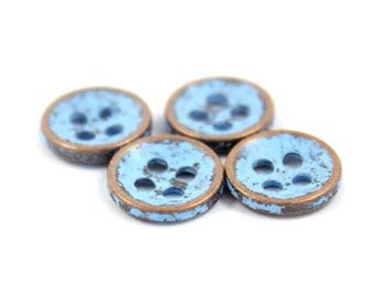 Metal Buttons - Copper Metal Hole Buttons in Light Blue Color  - 10mm - 3/8 inch - 6 pcs