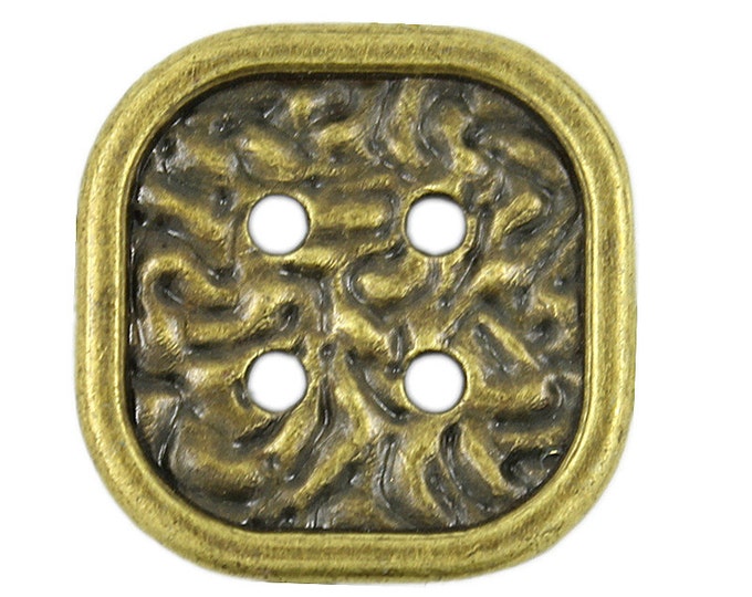 Metal Buttons - Wrinkled Square Antique Brass Metal Hole Buttons - 25mm - 1 inch - 4 pcs