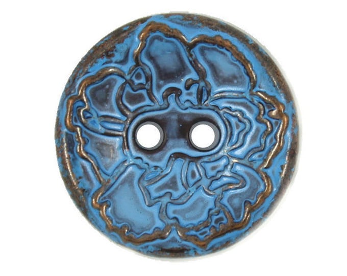 Metal Buttons - Copper Flower Blue Metal Hole Buttons - 18mm - 11/16 inch - 6 pcs