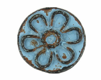 Flower Metal Buttons - Blue Patina Daisy Pattern Metal Shank Buttons - 15mm - 5/8 inch - 6 pcs