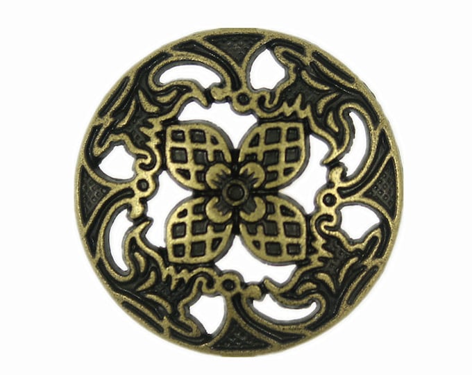 Flower Metal Buttons - Windmill Flower Openwork Antique Brass Color Metal Shank Buttons - 25mm - 1 inch - 6 pcs