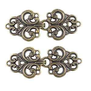 5 Pairs Baroque Swirl Cloak Clasp Hook And Eye Antique Brass Fasteners.   65mm x 28mm Fastened.