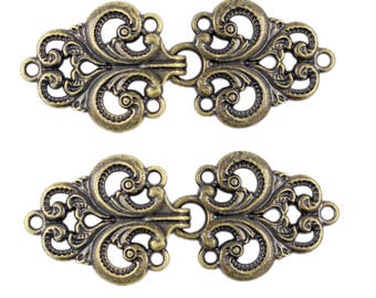 2 Pairs Baroque Swirl Cloak Clasp Hook And Eye Antique Brass Fasteners.   65mm x 28mm Fastened.