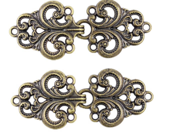 2 Pairs Baroque Swirl Cloak Clasp Hook And Eye Antique Brass Fasteners.   65mm x 28mm Fastened.