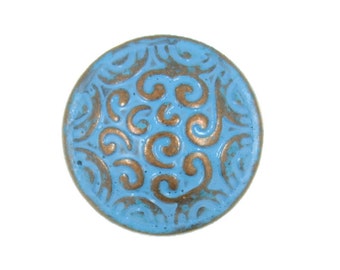 Metal Buttons - Copper Scrollwork Domed Metal Shank Buttons in Blue Color - 15mm - 5/8 inch - 6 pcs