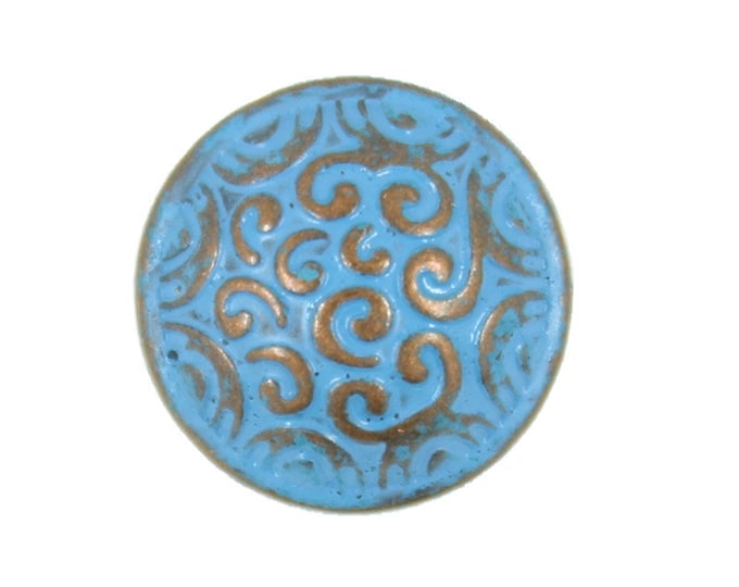 Metal Buttons - Copper Scrollwork Domed Metal Shank Buttons in Blue Color - 15mm - 5/8 inch - 6 pcs
