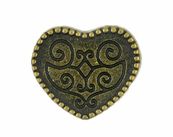 Metal Buttons - Carving Flowery Butterfly Heart Antique Brass Metal Shank Buttons - 15mm - 5/8 inch - 6 pcs