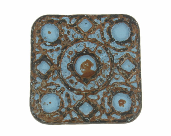 Square Metal Buttons - Round and Square Matrix Blue Patina Metal Shank Buttons - 17mm - 11/16 inch - 2 pcs