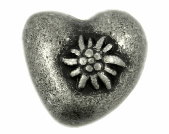 Metal Buttons - Edelweiss Heart Antique Silver Metal Shank Buttons - 14mm - 9/16 inch - 6 pcs