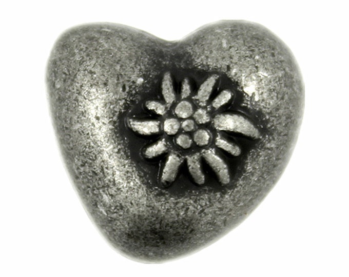Metal Buttons - Edelweiss Heart Antique Silver Metal Shank Buttons - 14mm - 9/16 inch - 6 pcs
