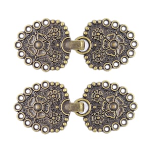 2 Pairs Romantic Bouquet Cloak Clasp Hook And Eye Antique Brass Fasteners. 62mm x 25mm Fastened.