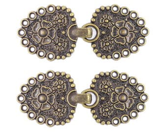 2 Pairs Romantic Bouquet Cloak Clasp Hook And Eye Antique Brass Fasteners. 62mm x 25mm Fastened.