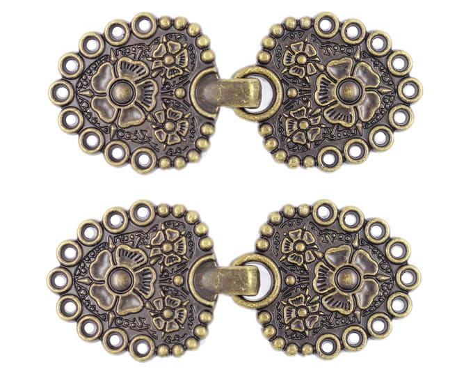 2 Pairs Romantic Bouquet Cloak Clasp Hook And Eye Antique Brass Fasteners. 62mm x 25mm Fastened.