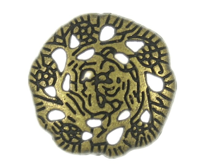 Metal Buttons - Openwork Rose Vine Antique Brass Metal Shank Buttons - 15mm - 5/8 inch - 6 pcs