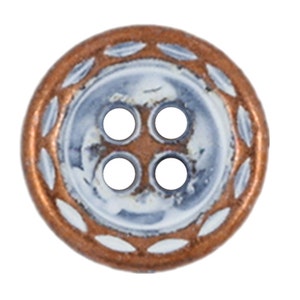 May include: A four-hole button with a white center and a copper-colored rim. The rim has a decorative design of white leaves.