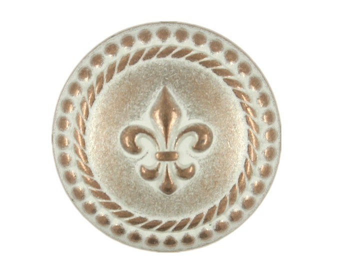 Metal Buttons - Copper White Embossed Fleur-De-Lis Metal Shank Buttons - 23mm - 7/8 inch - 6 pcs