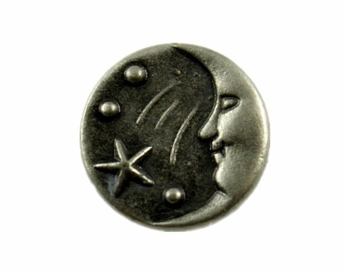 Moon & Star Metal Buttons - Smile Moon and Stars Gray Silver Metal Shank Buttons - 11mm - 7/16 inch - 6 pcs