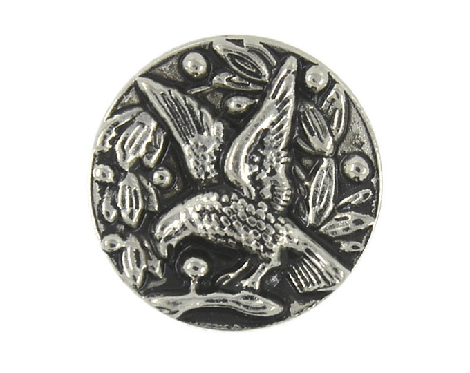 Metal Buttons - Bird in Flowers Retro Silver Metal Shank Buttons - 16mm - 5/8 inch - 6 pcs