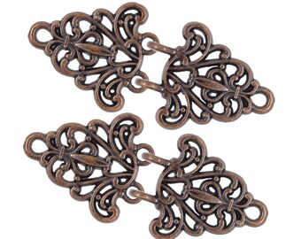 2 Pairs Filigree Trivet Cloak Clasp Hook And Eye Antique Copper Fasteners. 64mm x 29mm Fastened.