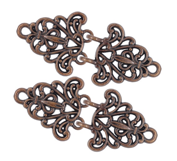 2 Pairs Filigree Trivet Cloak Clasp Hook and Eye Antique Copper Fasteners.  64mm X 29mm Fastened. -  Norway
