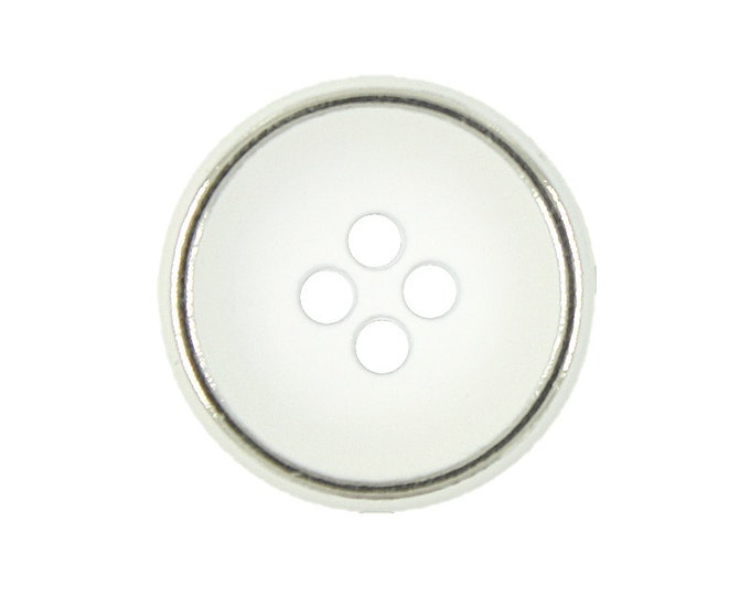 Metal Buttons - White and Silver Edge Concave Metal Hole Buttons - 16mm - 5/8 inch - 6 pcs
