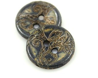 Metal Buttons - Vine Flower Concave Metal Buttons in Khaki Gunmetal Color - 16mm -5/8 inch - 6 pcs