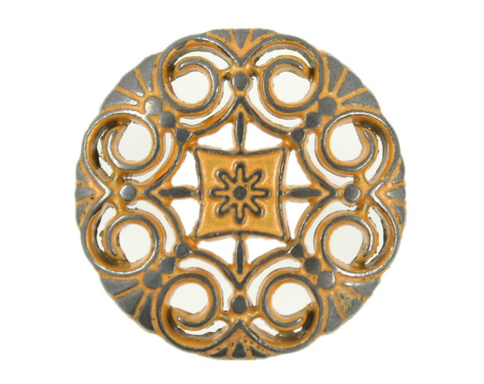 Metal Buttons - Openwork Swirl Flower Gunmetal Orange Metal Shank Buttons - 21mm - 13/16 inch - 6 pcs
