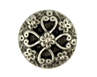 Metal Buttons - Hearts and Flowers Gray Silver Metal Shank Buttons - 12mm - 1/2 inch - 6 pcs
