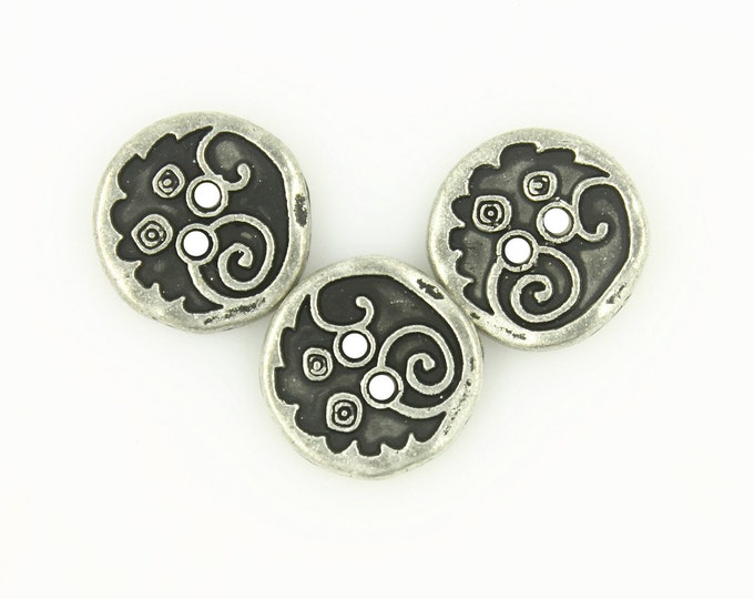Metal Buttons - Swirl and Circles Retro Silver Metal Hole Buttons - 10mm - 3/8 inch - 6 pcs