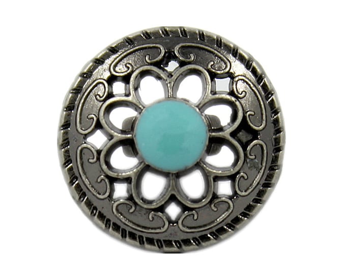 Gray Silver Openwork Flower Shank Metal Buttons , With Blue Enamel Center - 13mm - 1/2 inch - 6 pcs