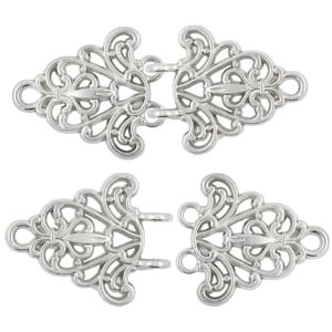 2 Pairs Filigree Trivet Cloak Clasp Hook And Eye Shiny Silver Fasteners. 64mm x 29mm Fastened.