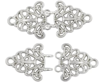 2 Pairs Filigree Trivet Cloak Clasp Hook And Eye Shiny Silver Fasteners. 64mm x 29mm Fastened.