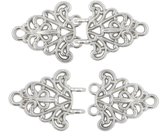 2 Pairs Filigree Trivet Cloak Clasp Hook And Eye Shiny Silver Fasteners. 64mm x 29mm Fastened.