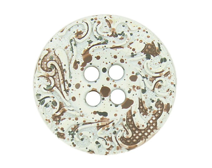 Metal Buttons - Cirrus Circle Metal Hole Buttons , White with Splash Brown Paint Color - 20mm - 3/4 inch - 6 pcs