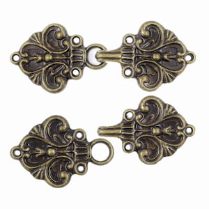 2 Pairs Fleur De Lis Cloak Clasp Hook And Eye Antique Brass Fasteners. 70mm x 26mm Fastened.