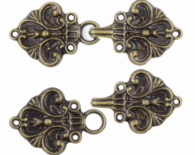 2 Pairs Fleur De Lis Cloak Clasp Hook And Eye Antique Brass Fasteners. 70mm x 26mm Fastened.