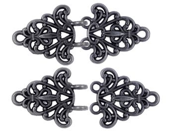 2 Pairs Filigree Trivet Cloak Clasp Hook And Eye Vintage Black Fasteners. 64mm x 29mm Fastened.