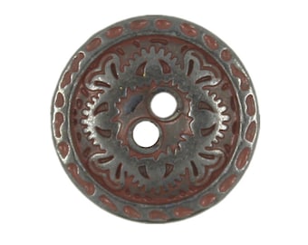 Metal Buttons - Flower Engraving Gunmetal Dull Red Metal Hole Buttons - 15mm - 5/8 inch - 6 pcs