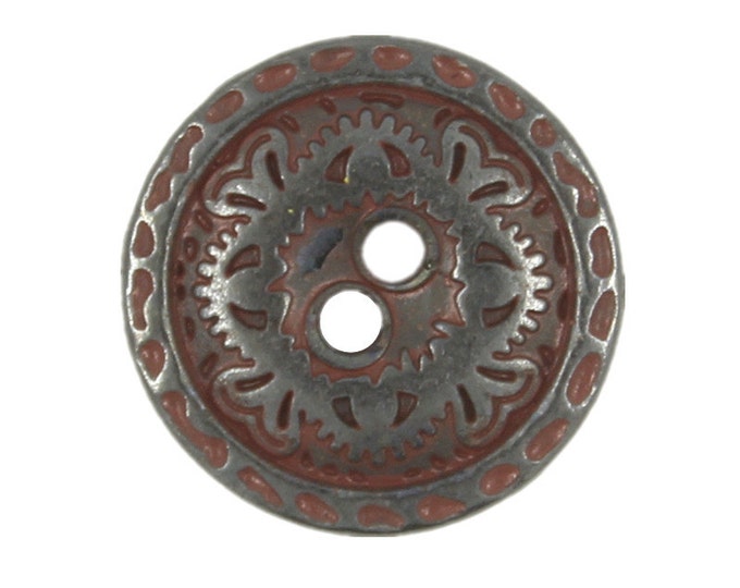 Metal Buttons - Flower Engraving Gunmetal Dull Red Metal Hole Buttons - 15mm - 5/8 inch - 6 pcs
