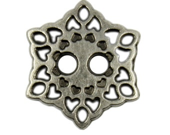 Metal Buttons - Hearts Filigree Gray Silver Metal Hole Buttons - 17mm - 11/16 inch - 6 pcs