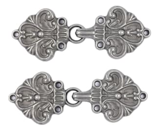 2 Pairs Fleur De Lis Cloak Clasp Hook And Eye Gray Silver Fasteners. 70mm x 26mm Fastened.