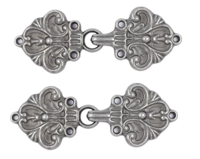 2 Pairs Fleur De Lis Cloak Clasp Hook And Eye Gray Silver Fasteners. 70mm x 26mm Fastened.