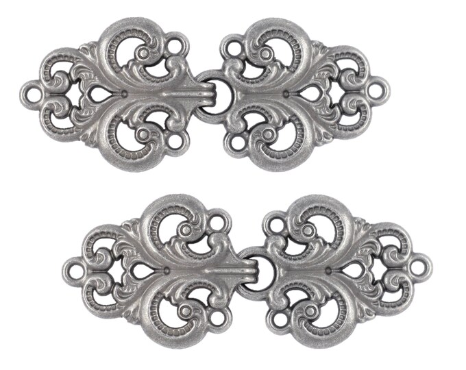 2 Pairs Baroque Swirl Cloak Clasp Hook And Eye Gray Silver Fasteners.   65mm x 28mm Fastened.